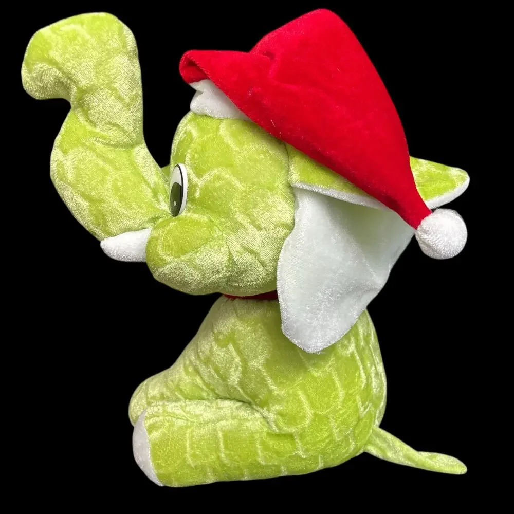 Christmas Elephant Plush Green Red Santa Hat Vintage Stuffed Animal Toy Bright